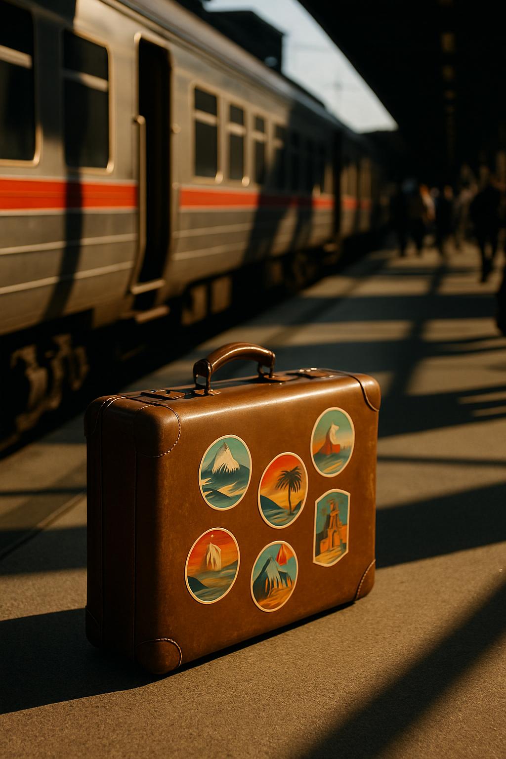 A brown suitcase with six scenic stickers on the side, next to a train on a platform.