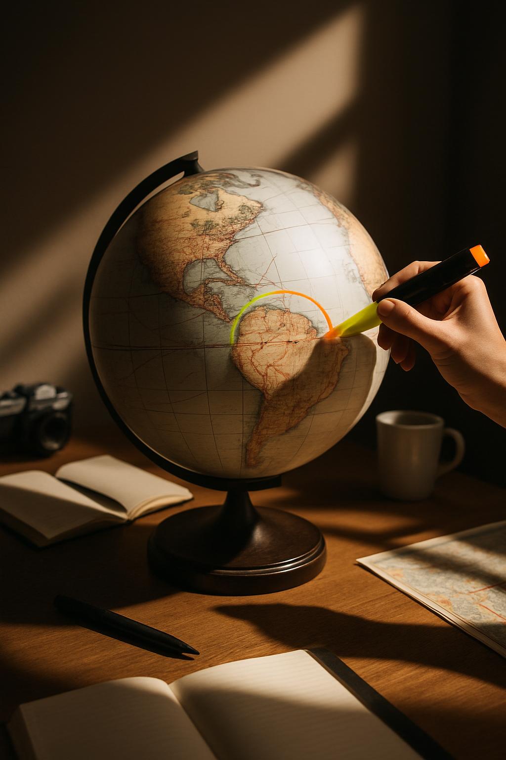 A hand holds a highlighter on a globe, highlighting a circle around South America.
