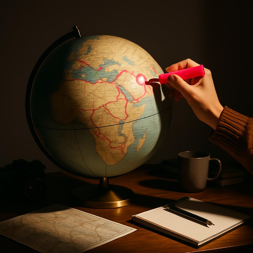 A hand pointing to a globe illuminated by a bright light source, with a notebook, pen, and coffee mug nearby.
