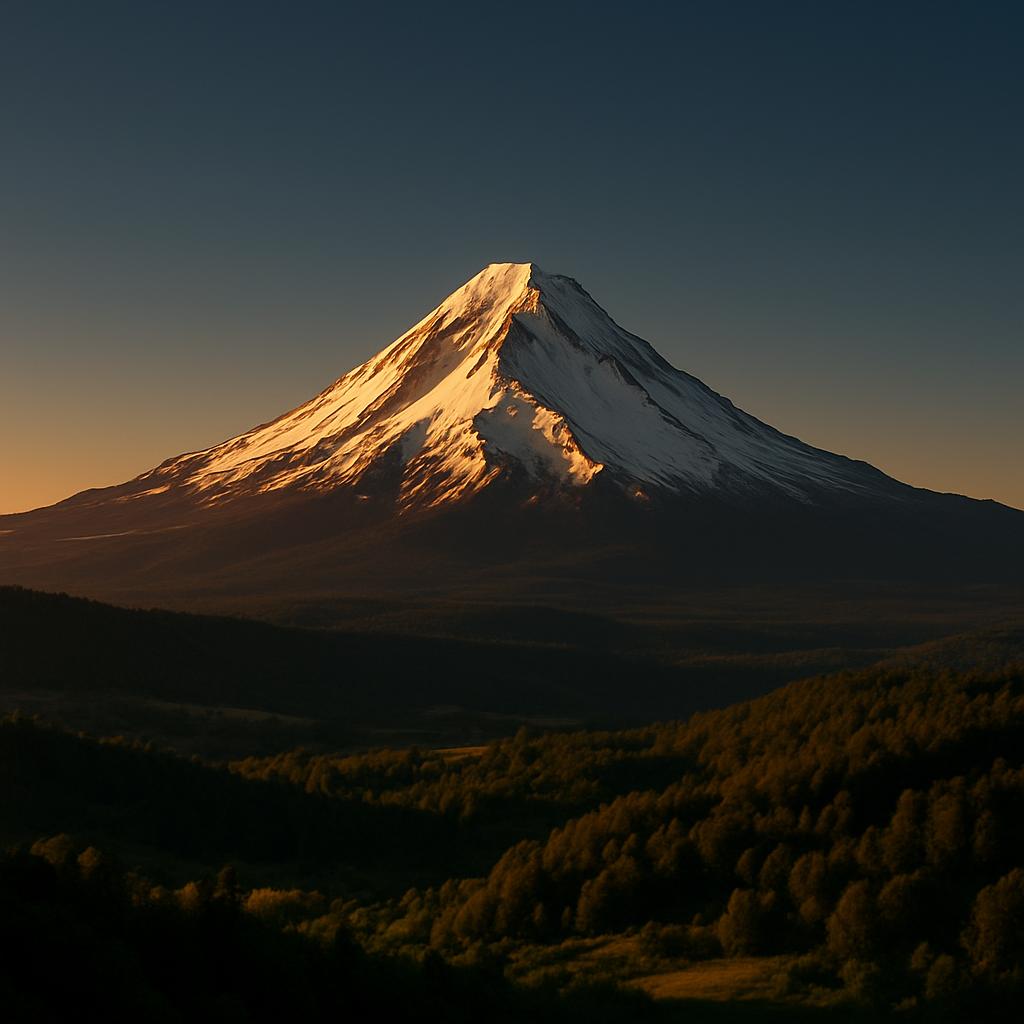 Image of a snow-capped mountain with the sun shining on its peak and trees scattered around its base after sunset.