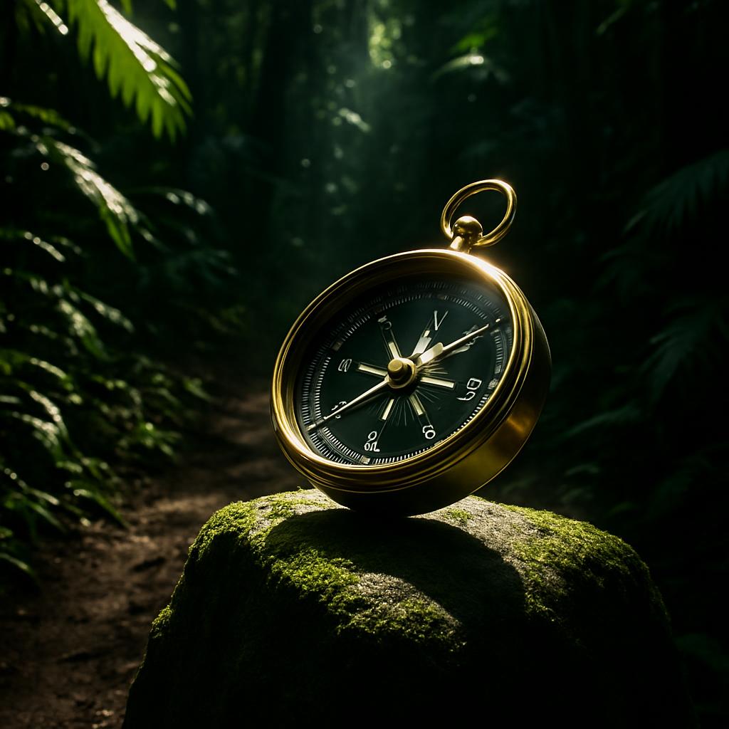 A gold compass on a mossy, shaded rock in the forest, mid-day sun peaking through the shadows, casting light and darkness ...