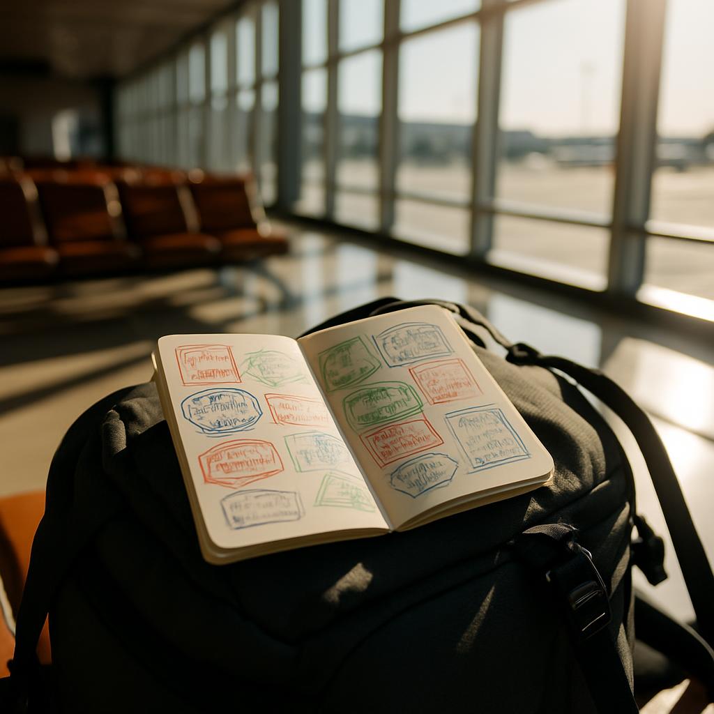 Passport stamps in a journal on top of a backpack in a brightly lit airport lounge.